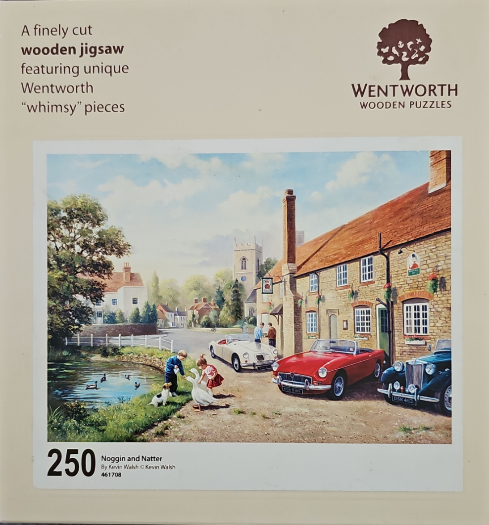 A nostalgic painting of a quiet English village scene with classic sports cars, a pond, and children feeding ducks.