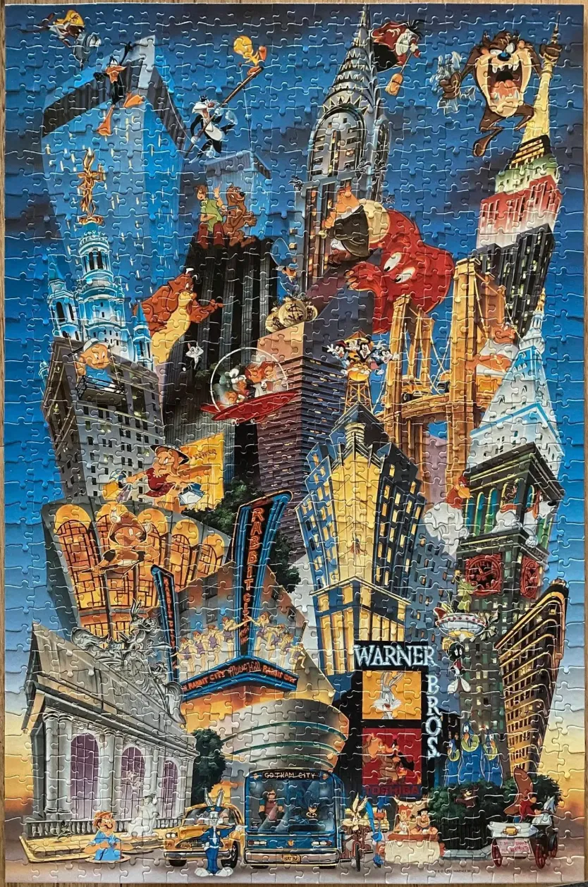 A whimsical illustration of a busy city skyline crowded with cartoon characters from various classic franchises.
