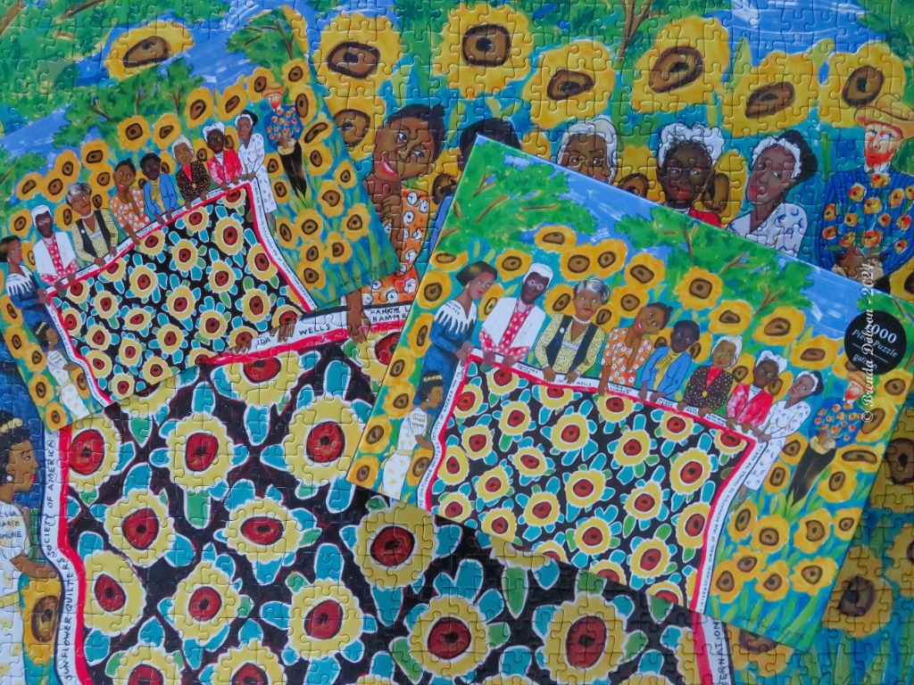 A stacked composition of painted images featuring Black historical figures holding a quilt decorated with sunflowers.
