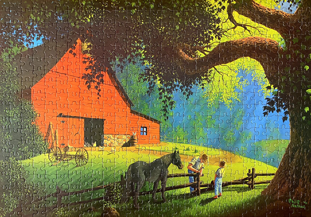 A nostalgic painting of a red barn, a black horse, and two children standing near a fence beneath a large oak tree.