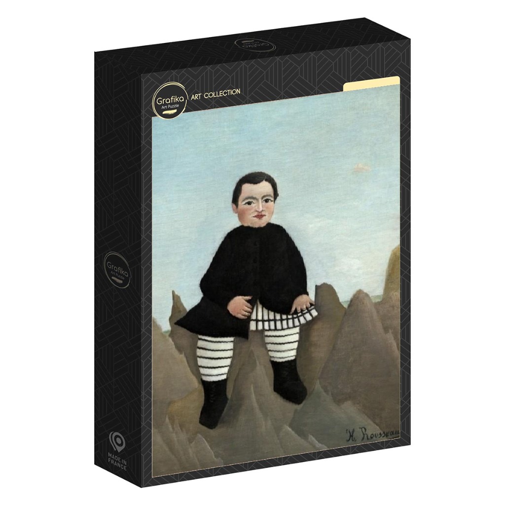 A painting of a child with dark hair in a black coat and striped leggings sitting atop rocky, mountainous terrain.