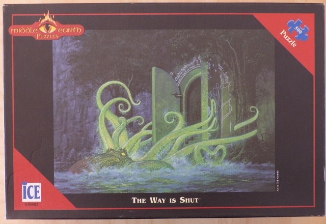 Fantasy illustration of a sea monster emerging from water before an arched stone gateway in a dark forest.