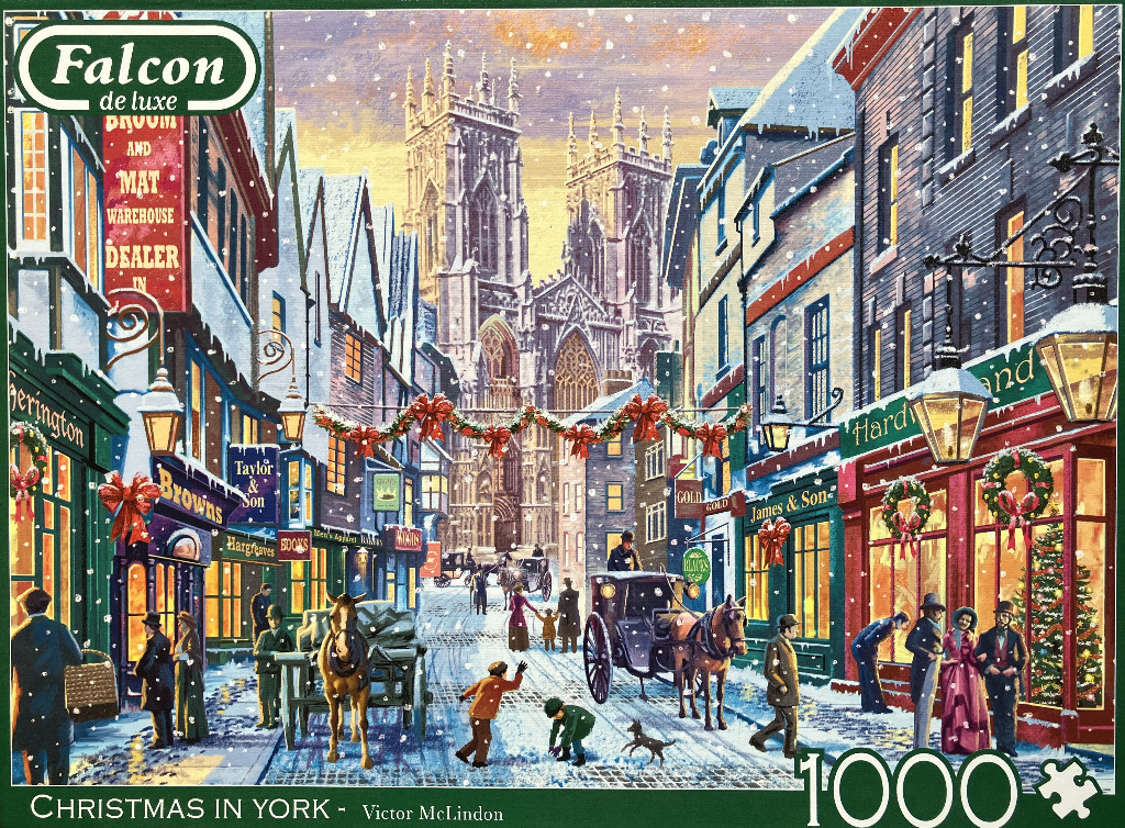 A snowy Victorian-style street scene in York featuring a cathedral, horse-drawn carriages, and Christmas decorations.