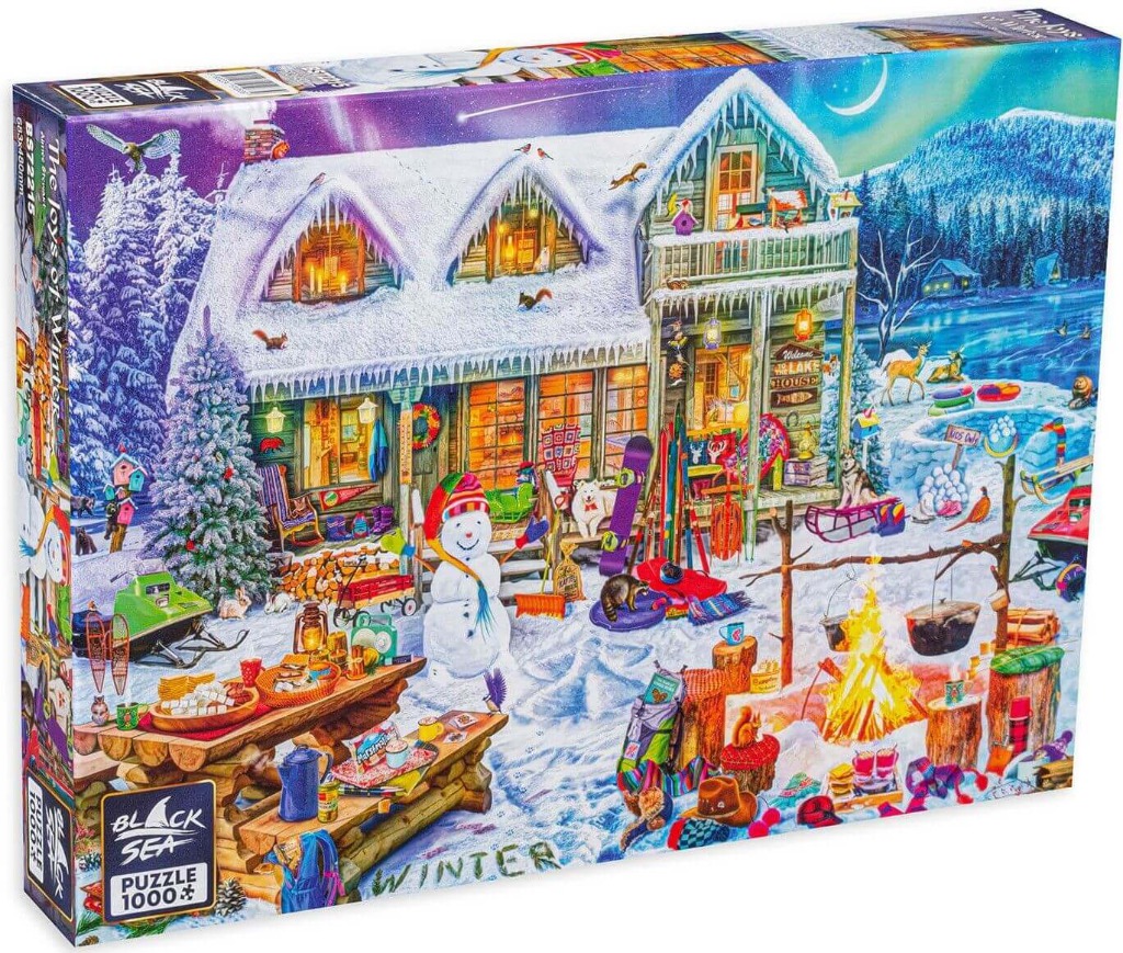 A festive winter cabin scene featuring a snowman, a campfire, and snowy surroundings at night under a purple aurora sky.