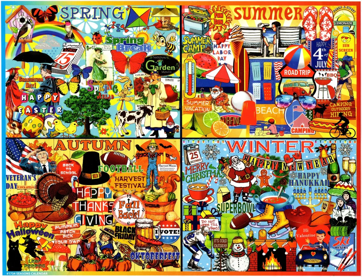 A collage divided into four quadrants representing the seasons: spring, summer, autumn, and winter.