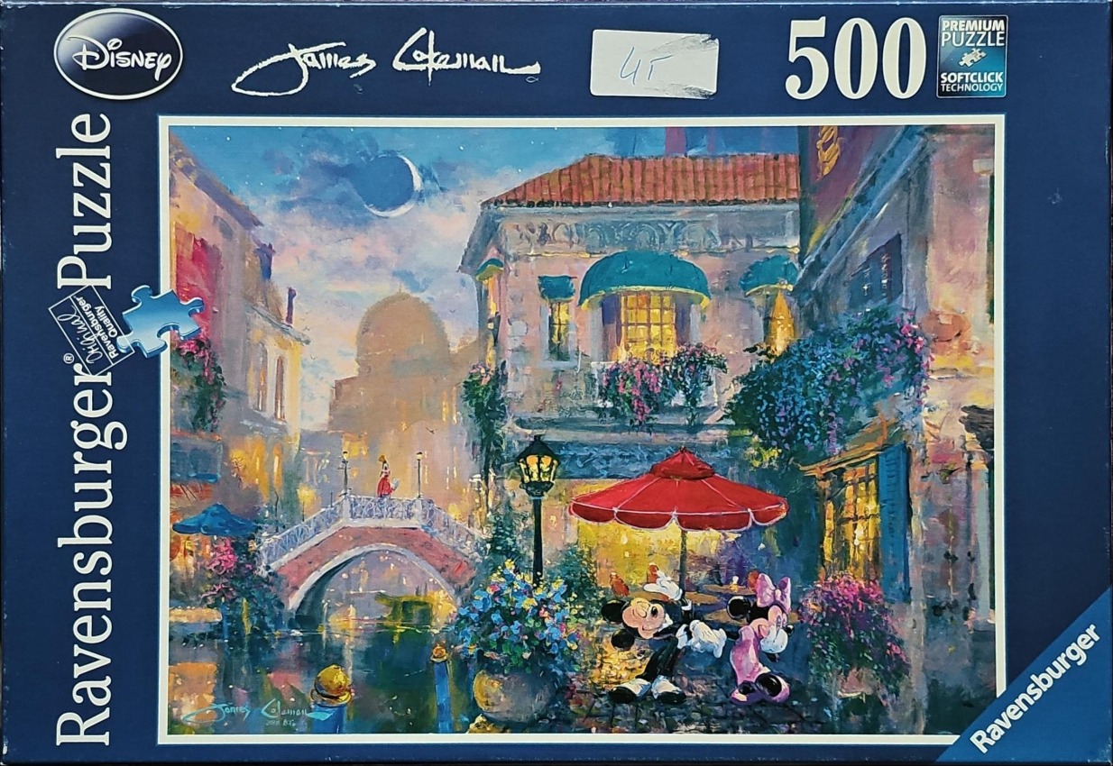Oil painting of Mickey and Minnie Mouse strolling along a canal in an Italian-style village at dusk.