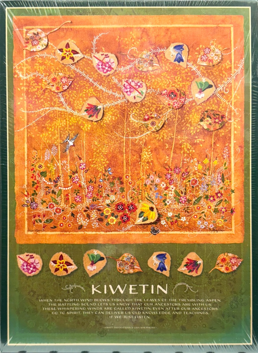 Artistic illustration of golden aspen trees with decorated leaves and floral ground, titled Kiwetin.