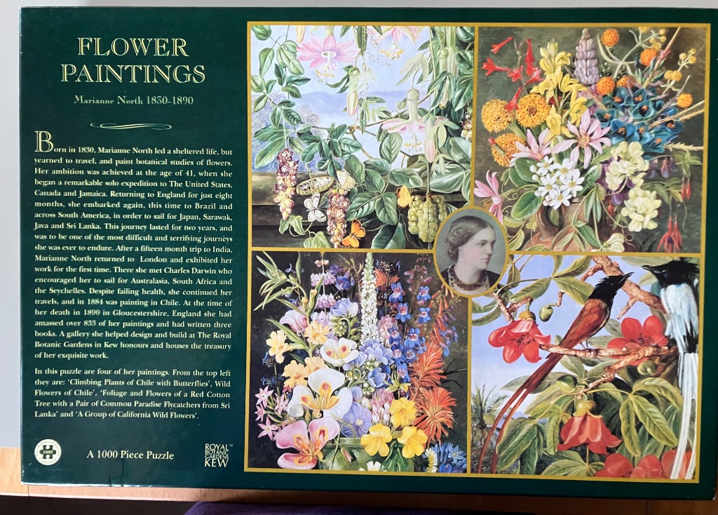A collage of four botanical paintings by Marianne North featuring flowers, butterflies, and exotic birds.