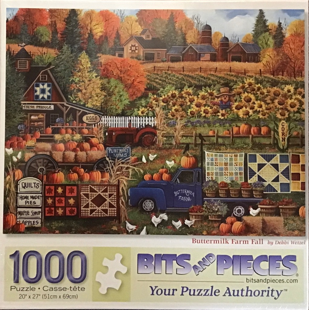 A peaceful autumn farm scene with a blue pickup truck, pumpkins, sunflowers, and quilts against a backdrop of fall trees.