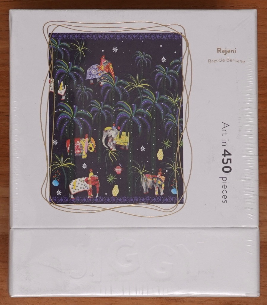 An illustration of elephants with ornate saddles walking through a dark, starry forest of palm trees.