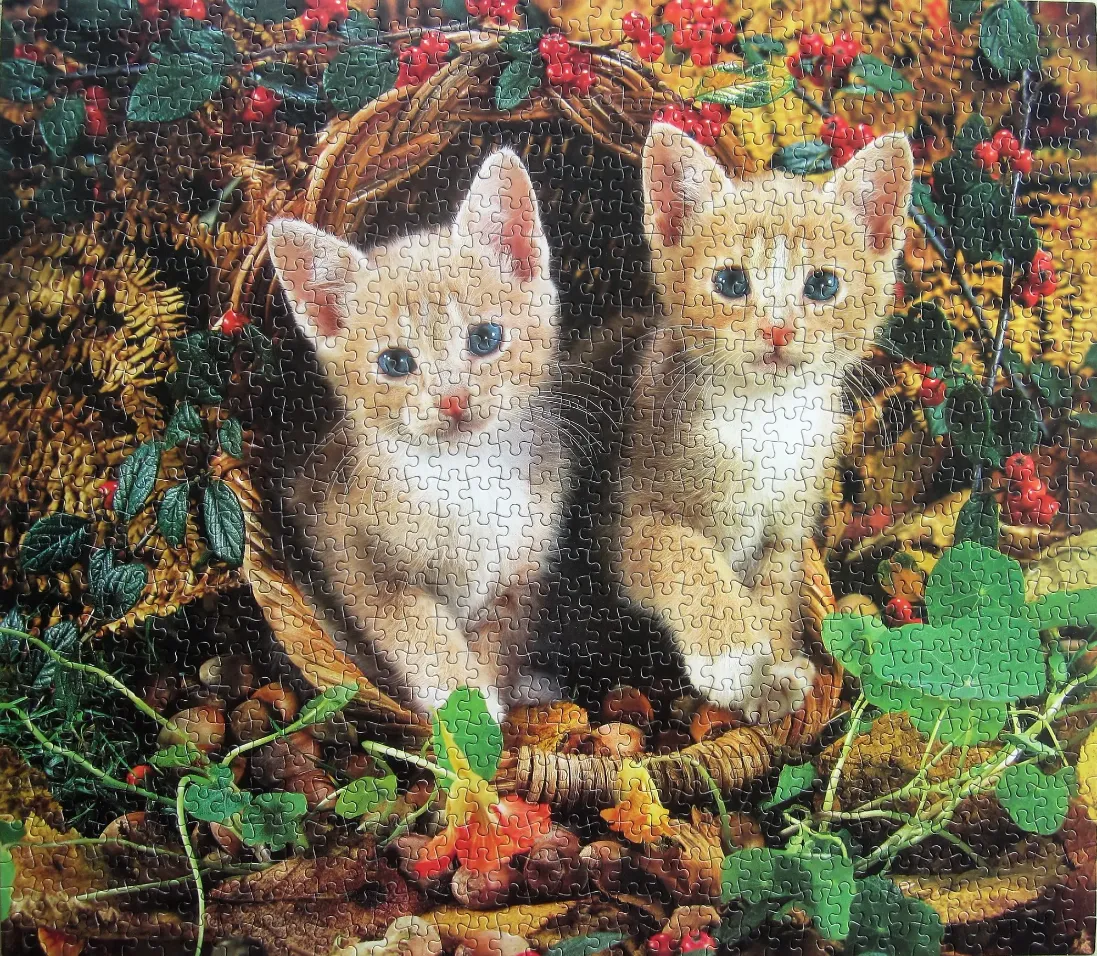 Two orange tabby kittens sitting inside a wicker basket surrounded by autumn foliage and red berries.