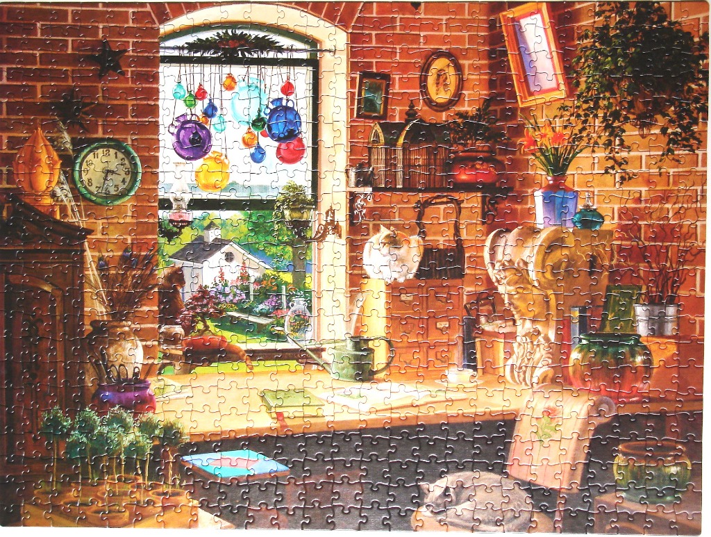 An illustration of a cozy, sunlit room filled with plants, glass ornaments, and cats overlooking a garden.