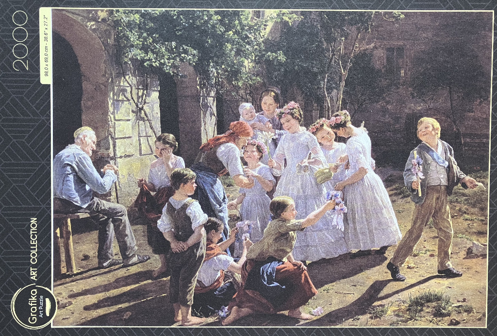 An oil painting of a group of children in white dresses and villagers gathering in a sunlit courtyard.