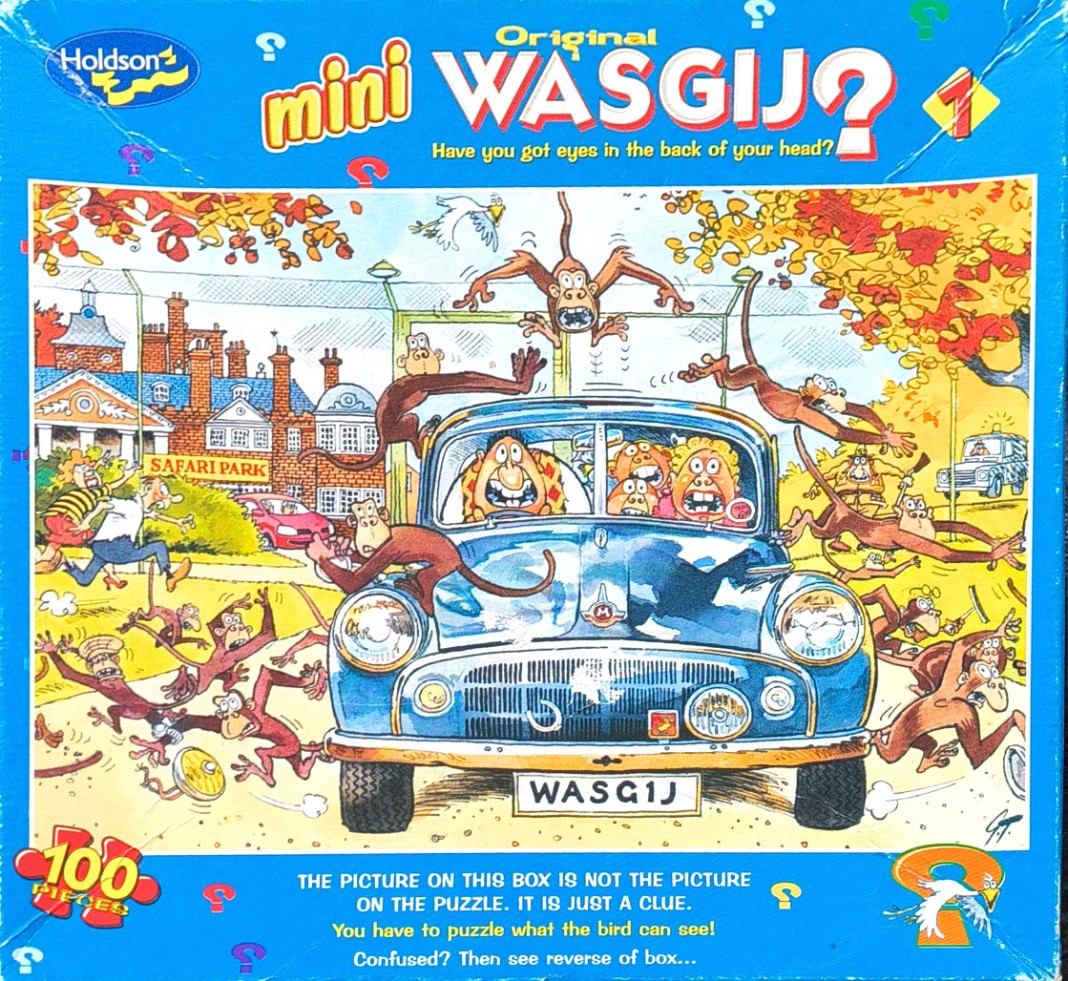 Cartoon illustration of monkeys swarming a blue vintage car at a safari park.