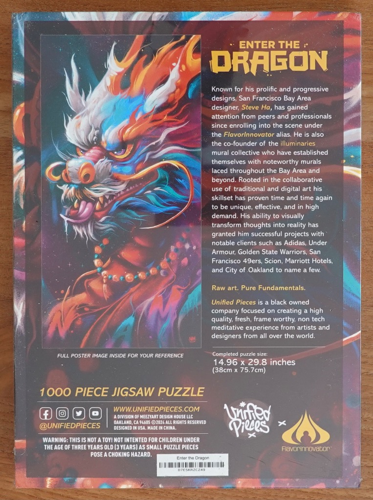 Artistic illustration of a stylized dragon with a fiery mane in vibrant shades of blue, orange, and purple.