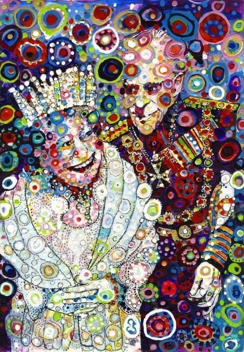 An expressive, pointillist-style portrait of a royal couple rendered in vibrant, multicolored circles.
