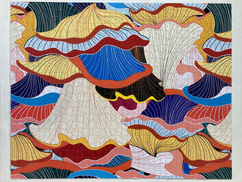 Abstract illustration of overlapping, wave-like organic forms in vibrant, bold colours.