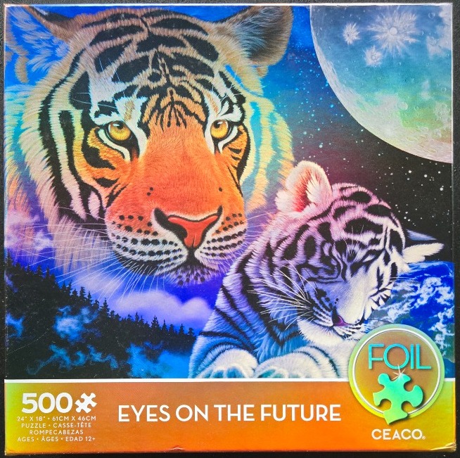 An adult tiger and a white tiger cub against a celestial backdrop with a large moon.