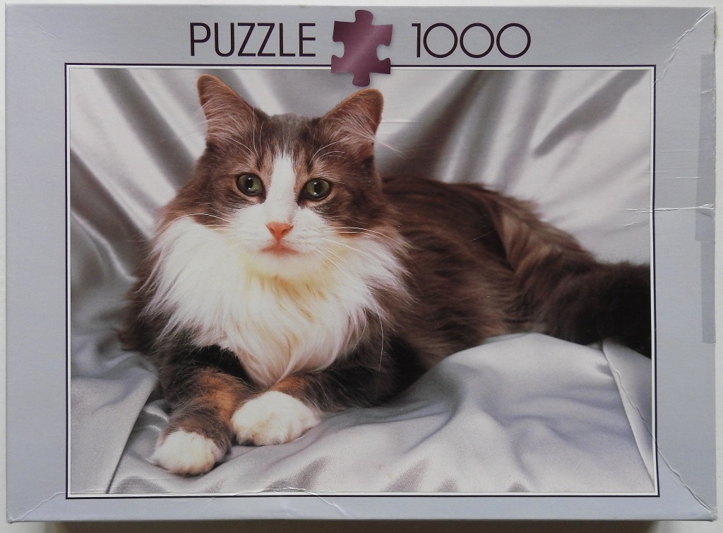 A long-haired cat with brown and white fur resting on a silky, silver-grey fabric background.