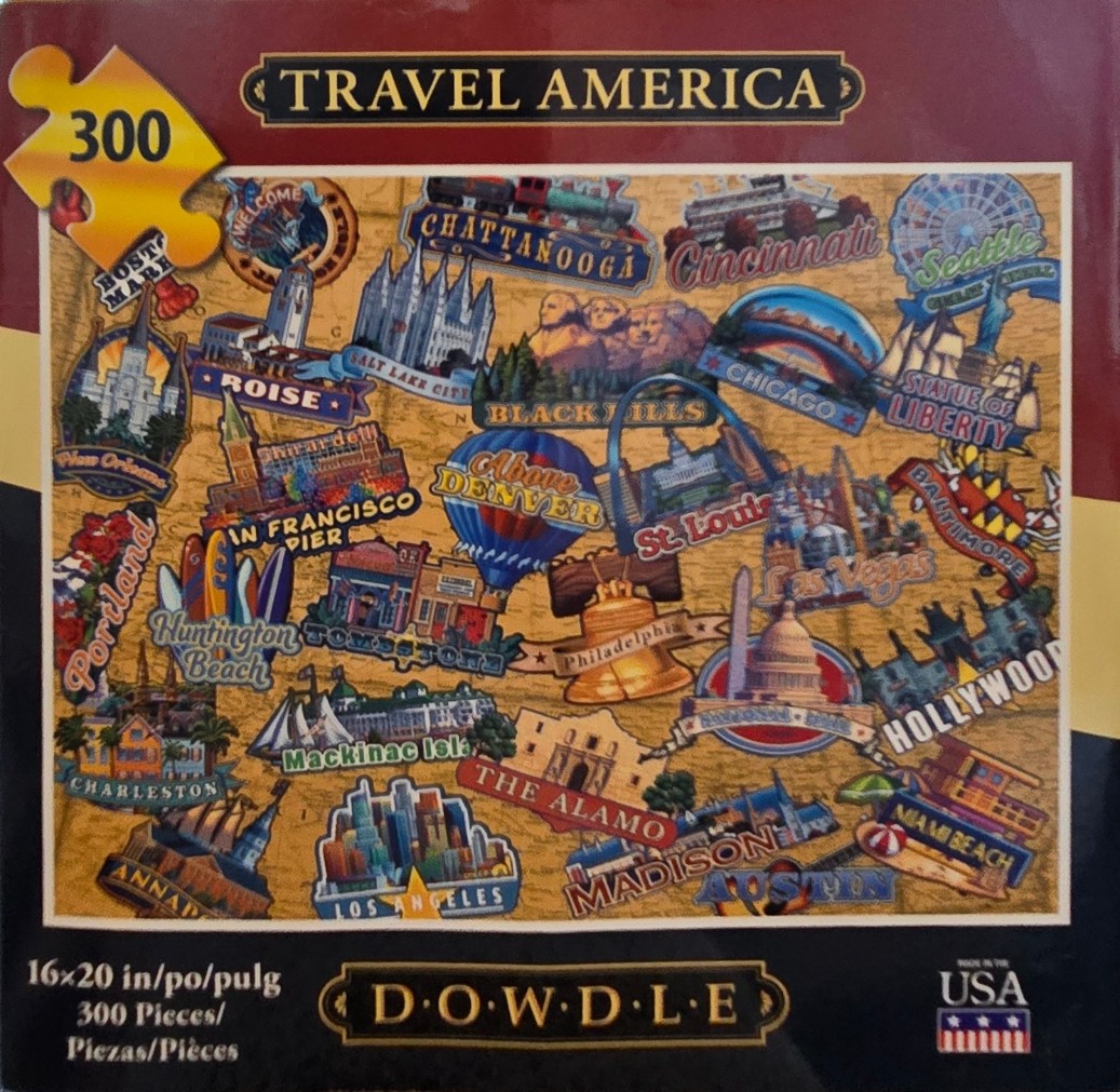 A collage of famous American landmarks and city icons layered over a sepia map background.