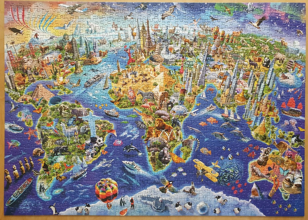 A whimsical, cartoon-style world map filled with famous landmarks, diverse wildlife, and various modes of transportation.