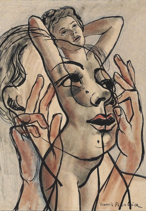 Surrealist drawing of layered, overlapping human faces and hands in black ink and muted watercolors.