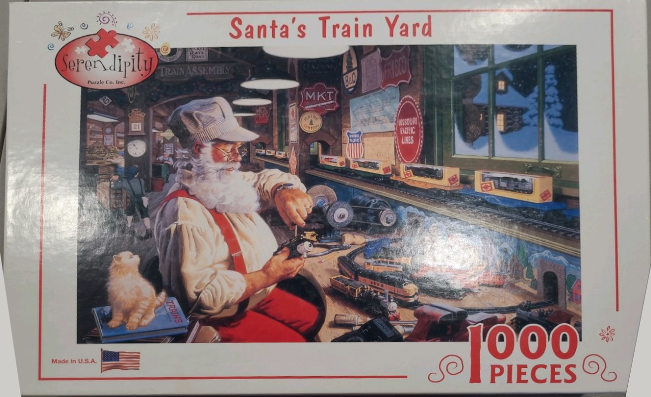 Santa Claus working on a model train in a cozy workshop filled with vintage railroad signs and toys.