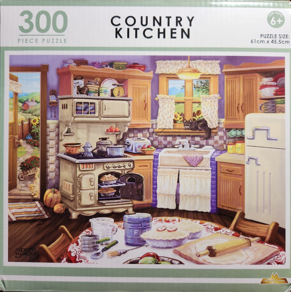 Cozy country kitchen scene with a vintage stove, baking supplies, and a cat in the window.
