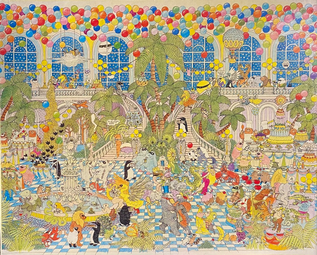 A busy illustration of an ornate ballroom filled with anthropomorphic animals attending a festive party.