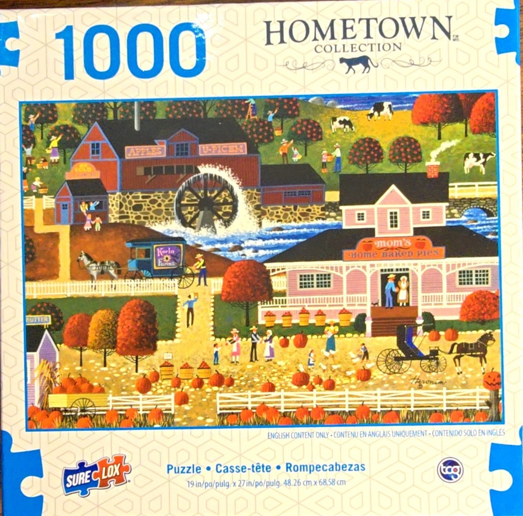 Folk art illustration of a bustling farm scene with a water mill, pie shop, pumpkins, and horse-drawn carriages.
