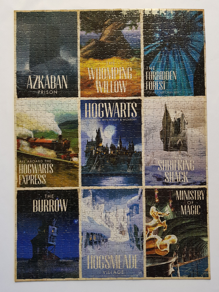 A collage of nine vintage-style travel posters depicting iconic locations from the Harry Potter series.