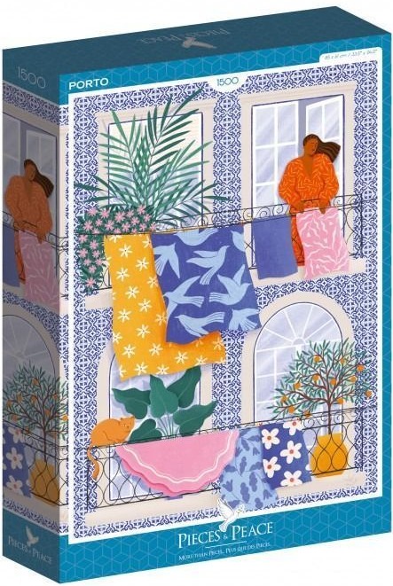 Illustration of an apartment building facade in Porto with laundry hanging on balconies, plants, and a person.