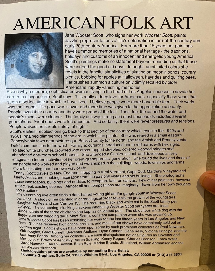 A biographical information sheet titled American Folk Art featuring a portrait of artist Jane Wooster Scott.