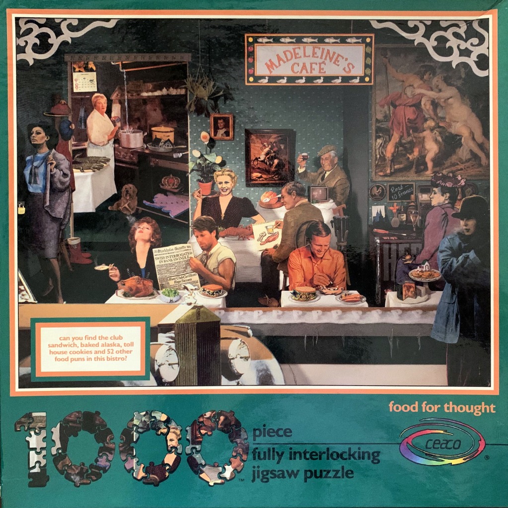 A whimsical bistro scene titled Madeleine’s Cafe featuring various people eating and interacting with food-themed puns.