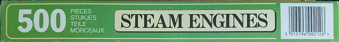 Text reading 500 Pieces, Stukjes, Teile, Morceaux and STEAM ENGINES on a green background.