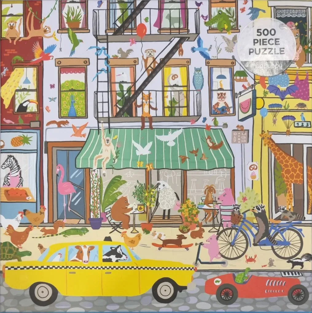 Whimsical illustration of a busy city street scene filled with various animals in windows, on balconies, and on the sidewalk.