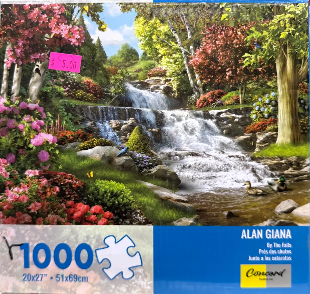 A peaceful landscape painting featuring a multi-tiered waterfall cascading through a lush garden with birds and ducks.