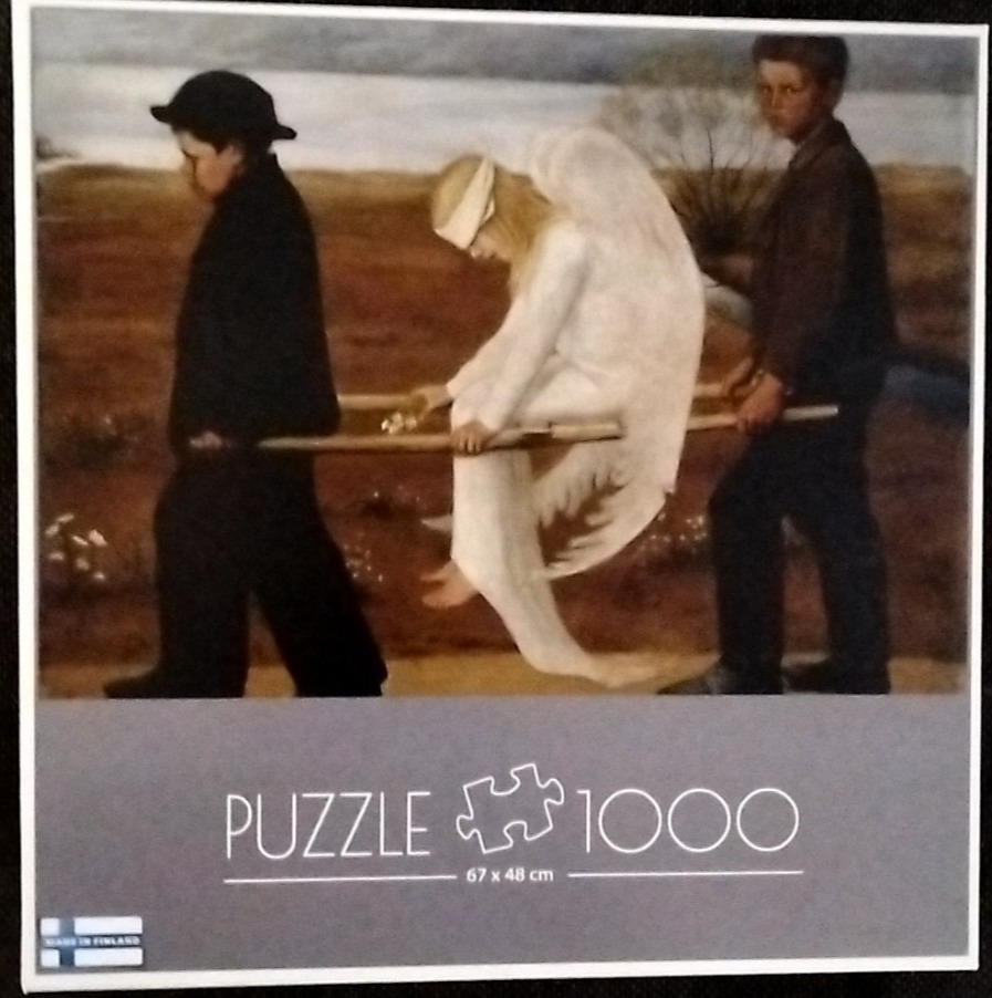 A painting of two dark-clothed boys carrying an injured, white-winged angel on a makeshift stretcher.
