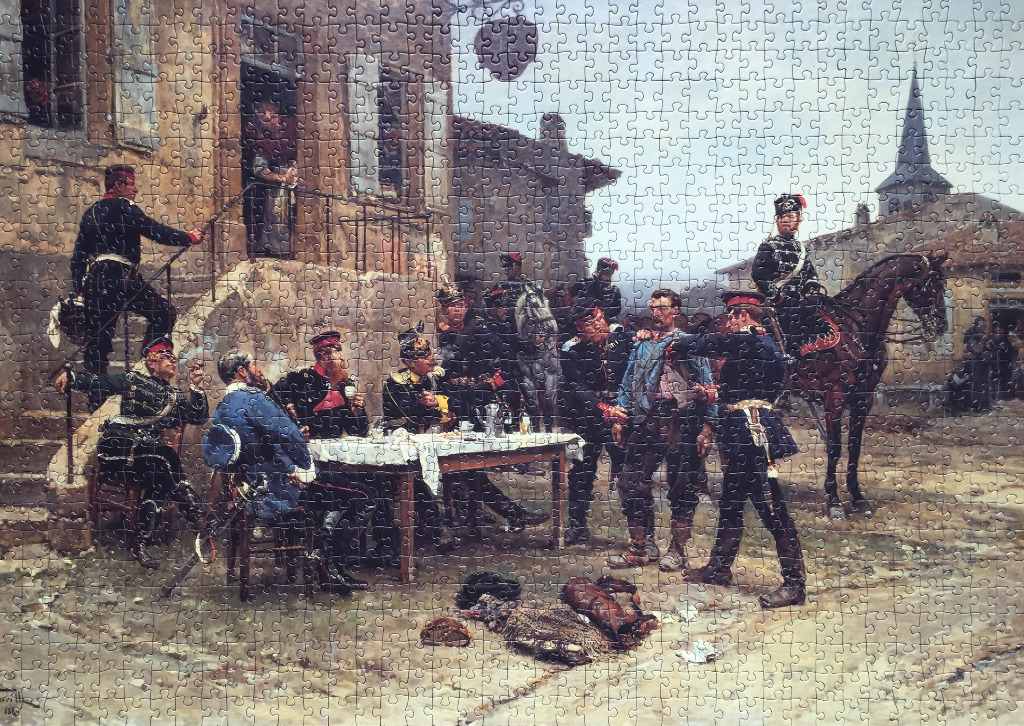 A 19th-century historical painting of soldiers surrounding a captive in a village square.