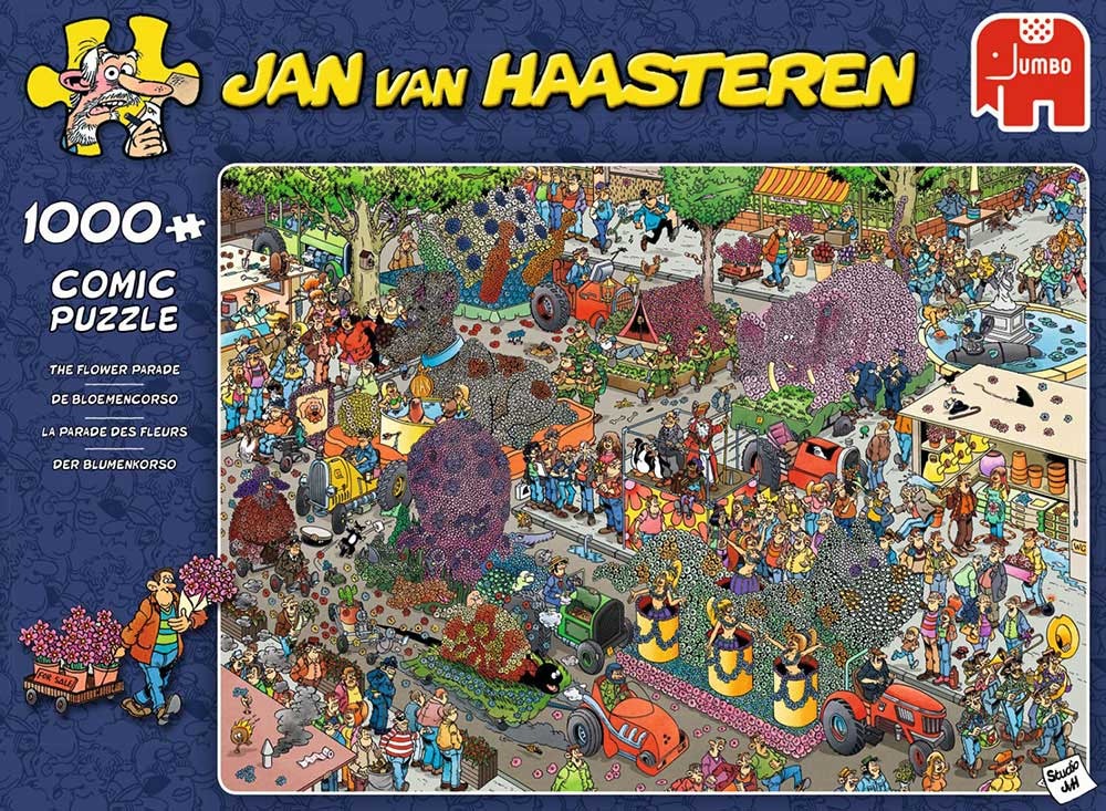 Chaotic cartoon scene of a flower parade featuring floral sculptures, tractors, and many busy, humorous characters.