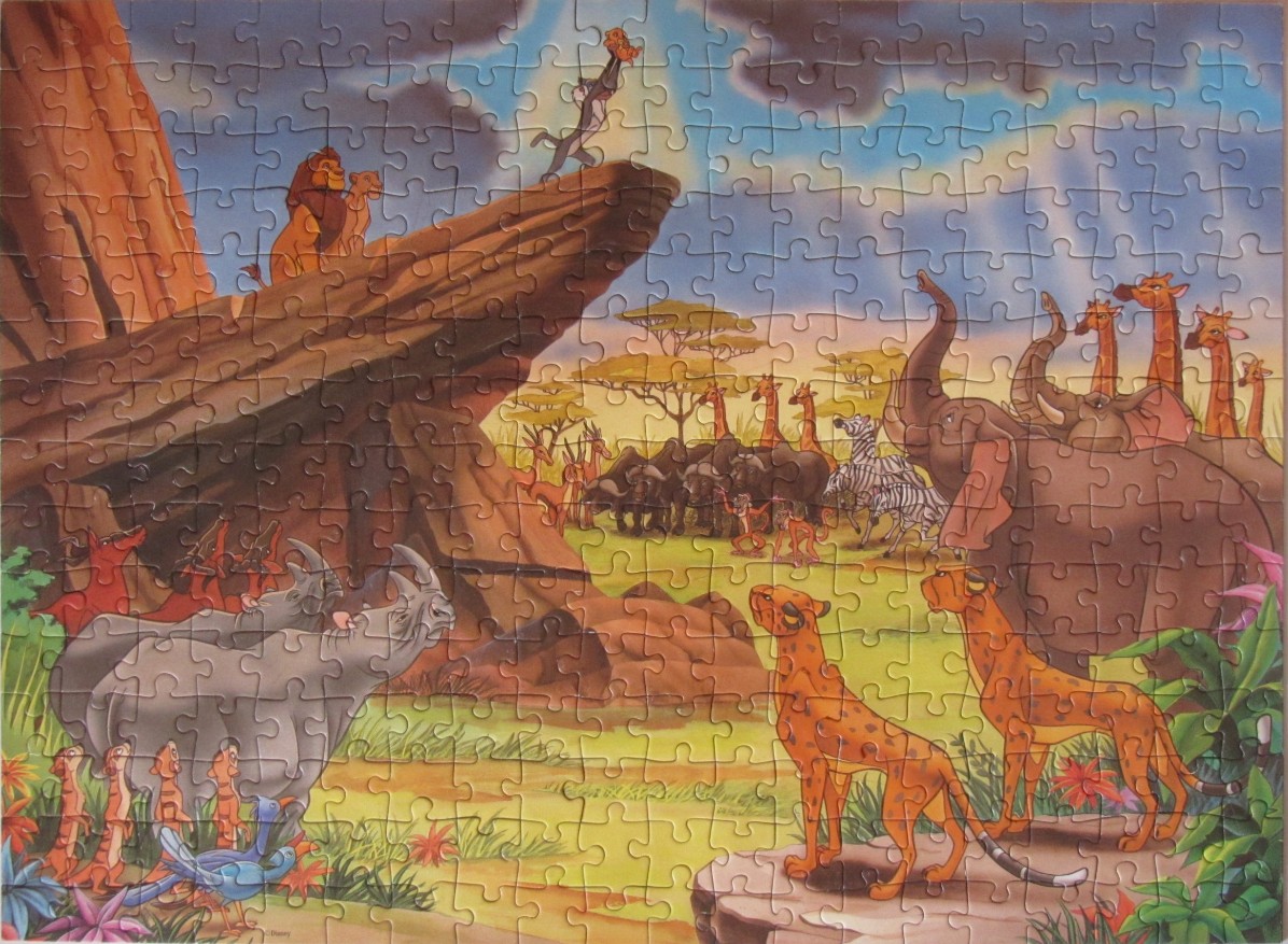 An animated illustration of the presentation of Simba on Pride Rock, surrounded by various African savannah animals.