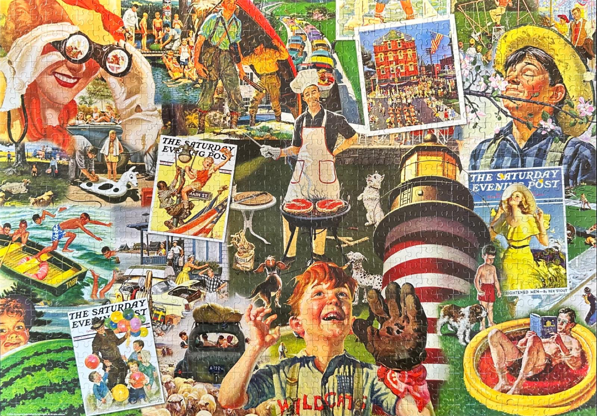 A collage of nostalgic magazine covers and illustrations depicting classic American life and leisure.
