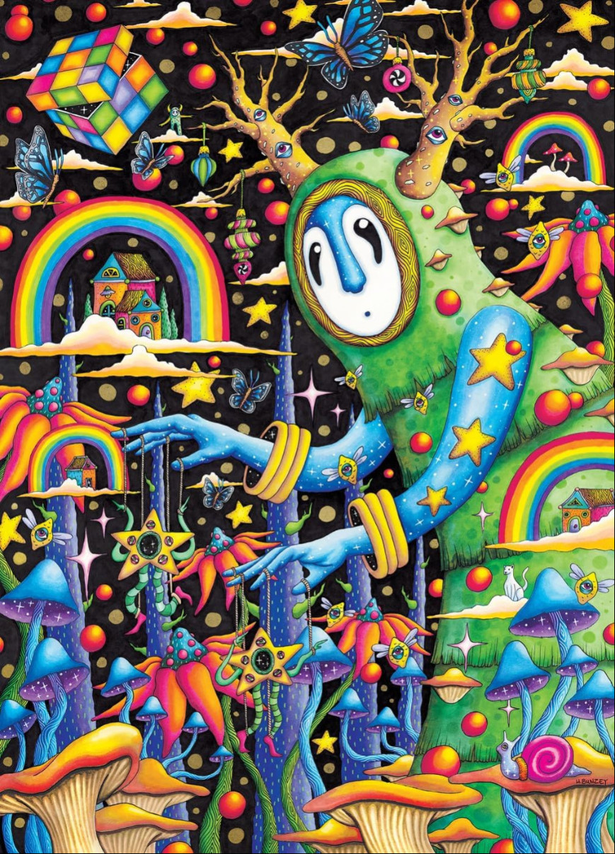 A vibrant, surreal fantasy scene featuring a giant green creature manipulating star-shaped puppets in a magical landscape.