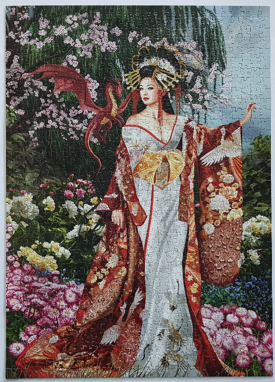 A woman in a traditional kimono stands in a lush garden with a small red dragon floating beside her.