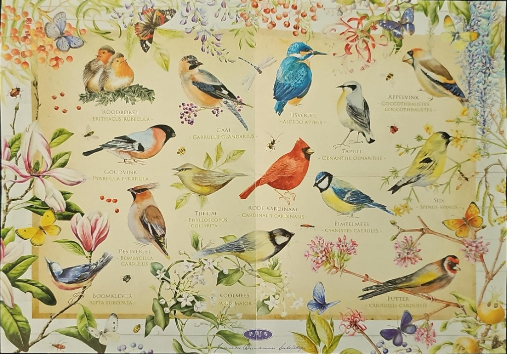 A detailed illustration of diverse European birds, insects, and flowers arranged on a cream-colored background.