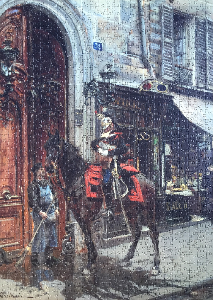 An oil painting of a French cavalry soldier on horseback speaking to a man in front of a Parisian building.