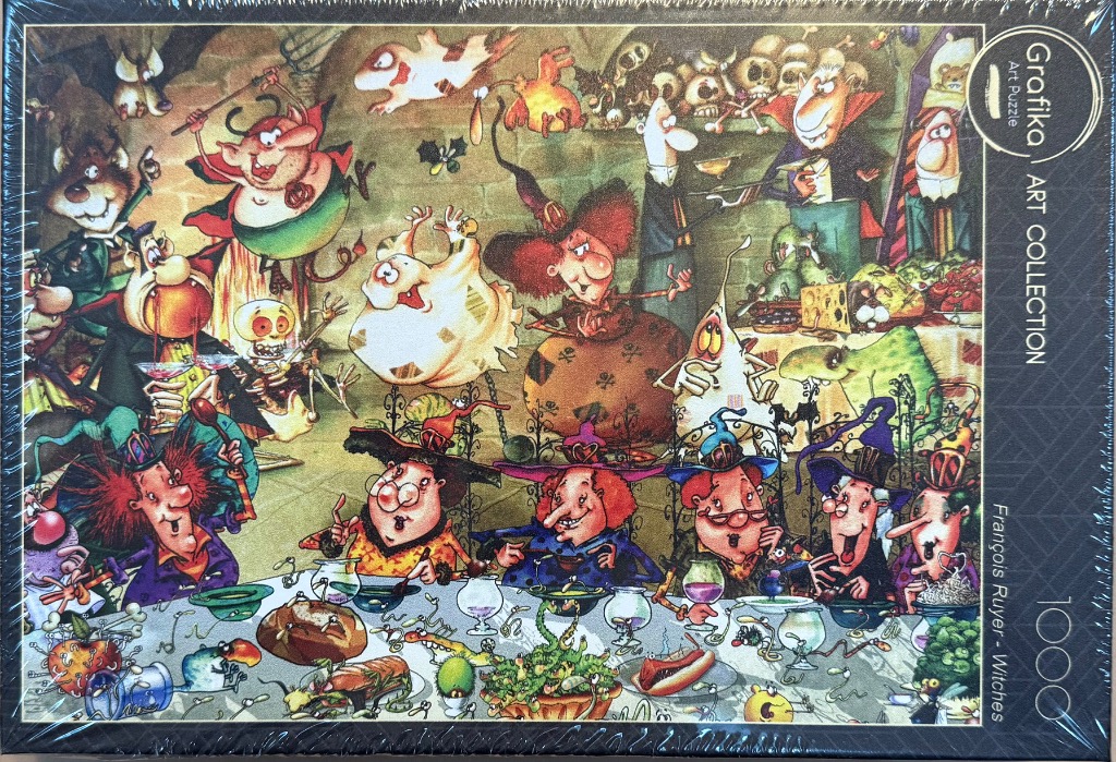 Cartoon illustration of witches and monsters having a lively dinner party in a dungeon.