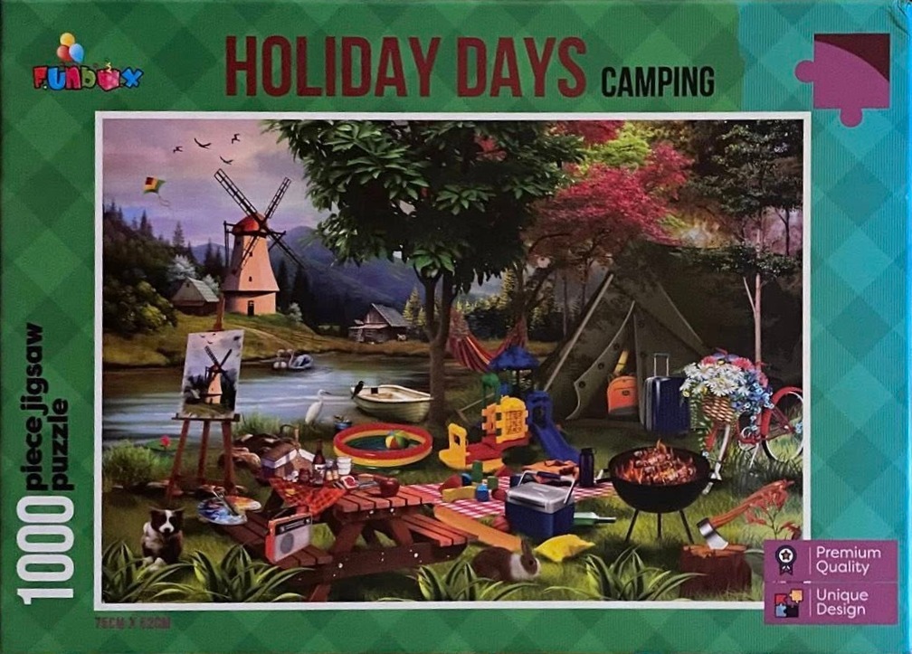 A peaceful camping scene beside a lake featuring a windmill, a tent, a picnic area, and a dog.