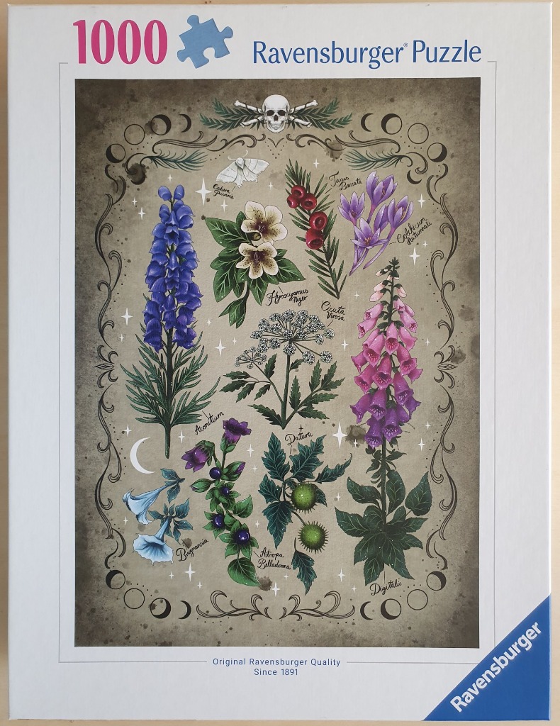 Botanical illustration of poisonous plants, herbs, and a skull arranged on a vintage parchment-style background.