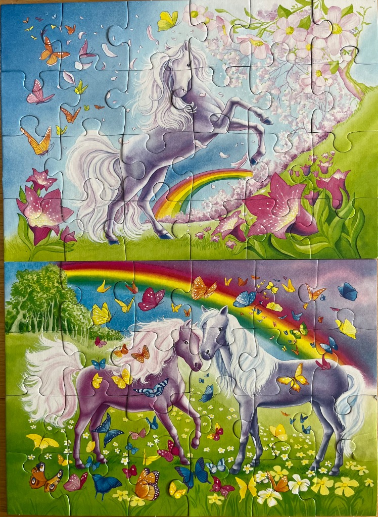 Two magical scenes featuring unicorns and butterflies in colorful, enchanted landscapes with rainbows.